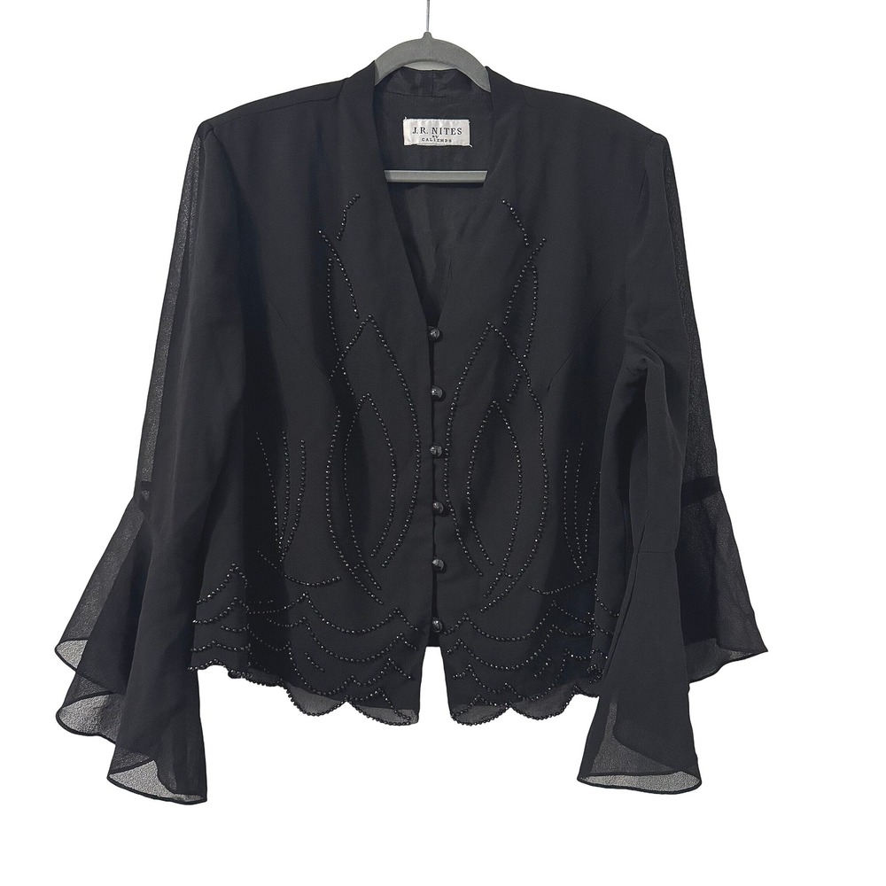 J.R. Nites by Caliendo Beaded Bell Sleeve Top Womens XXL Black Sheer Glam Party